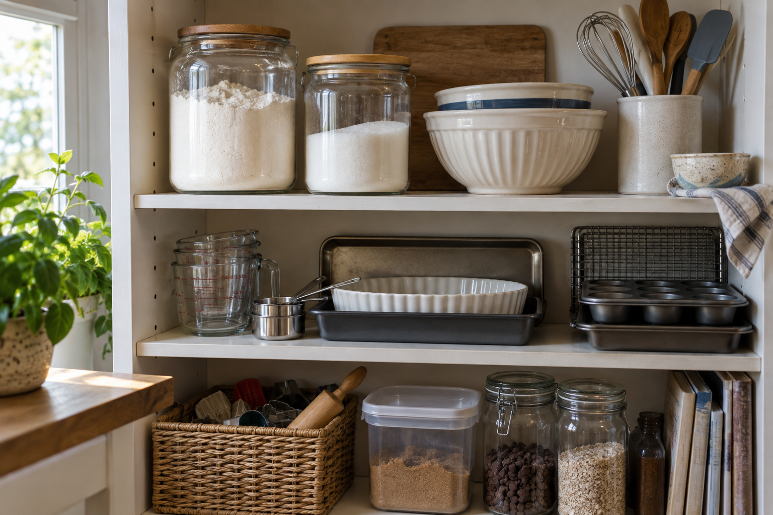 A compact kitchen shelf organized with flour, sugar, mixing bowls, measuring cups, baking pans, and hand tools