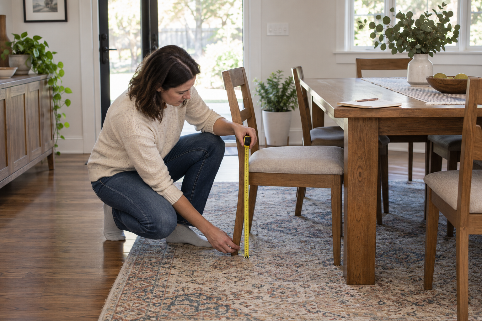 A person measuring the seat height of a dining chair beside its table in a home dining room