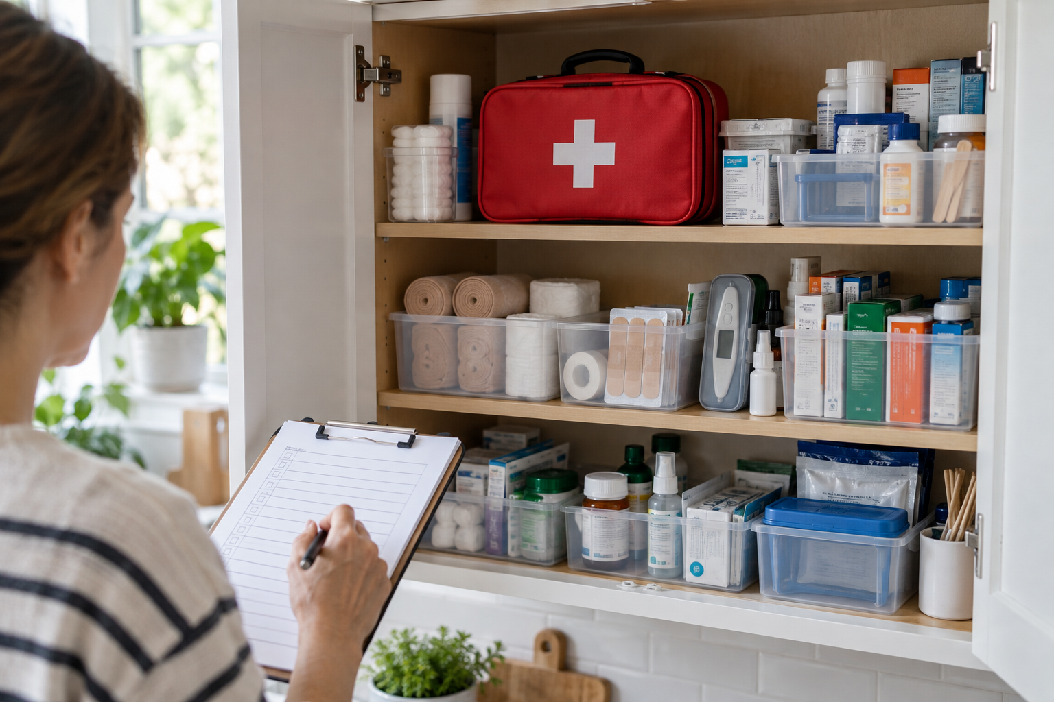 An adult checking an organized home cabinet containing a first-aid kit, bandages, thermometer, and medicine packages