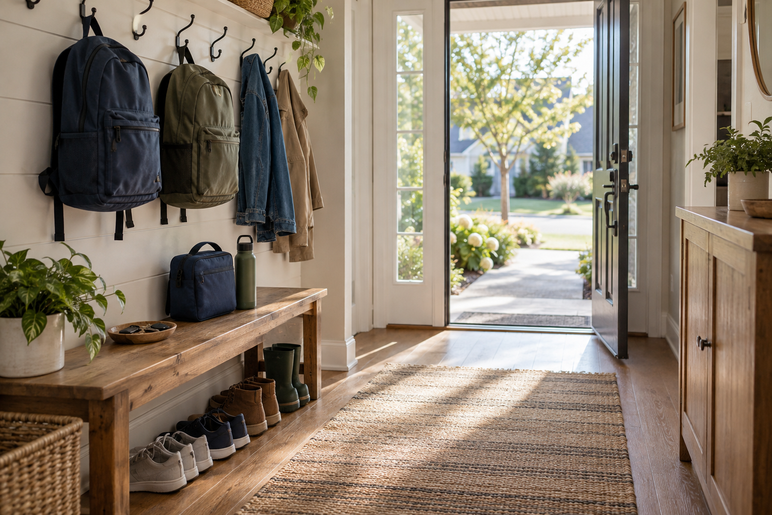 An organized morning entryway with backpacks, keys, shoes, a lunch bag, water bottle, coats, and a clear open doorway