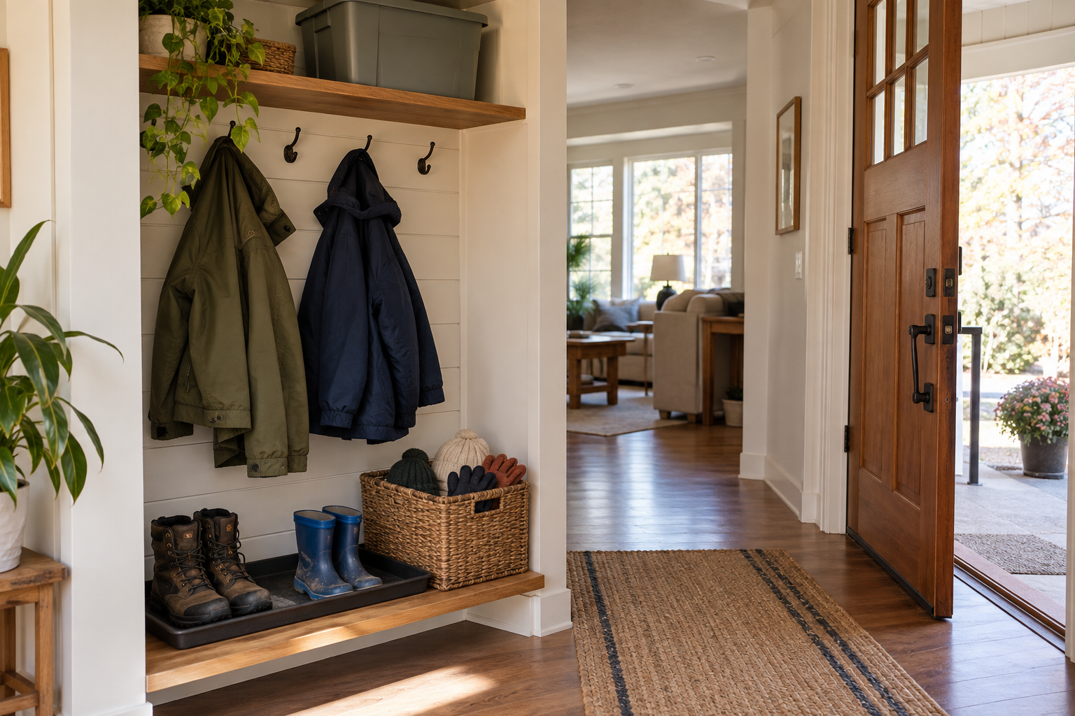 An entryway seasonal gear zone with coats, boots, hats, gloves, and an upper storage bin beside a clear doorway