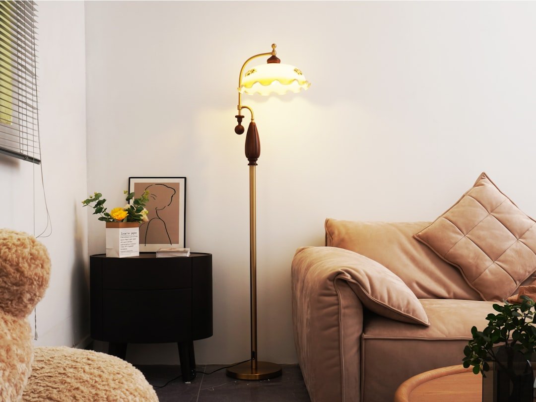 Vintage floor lamp with ornate glass shade
